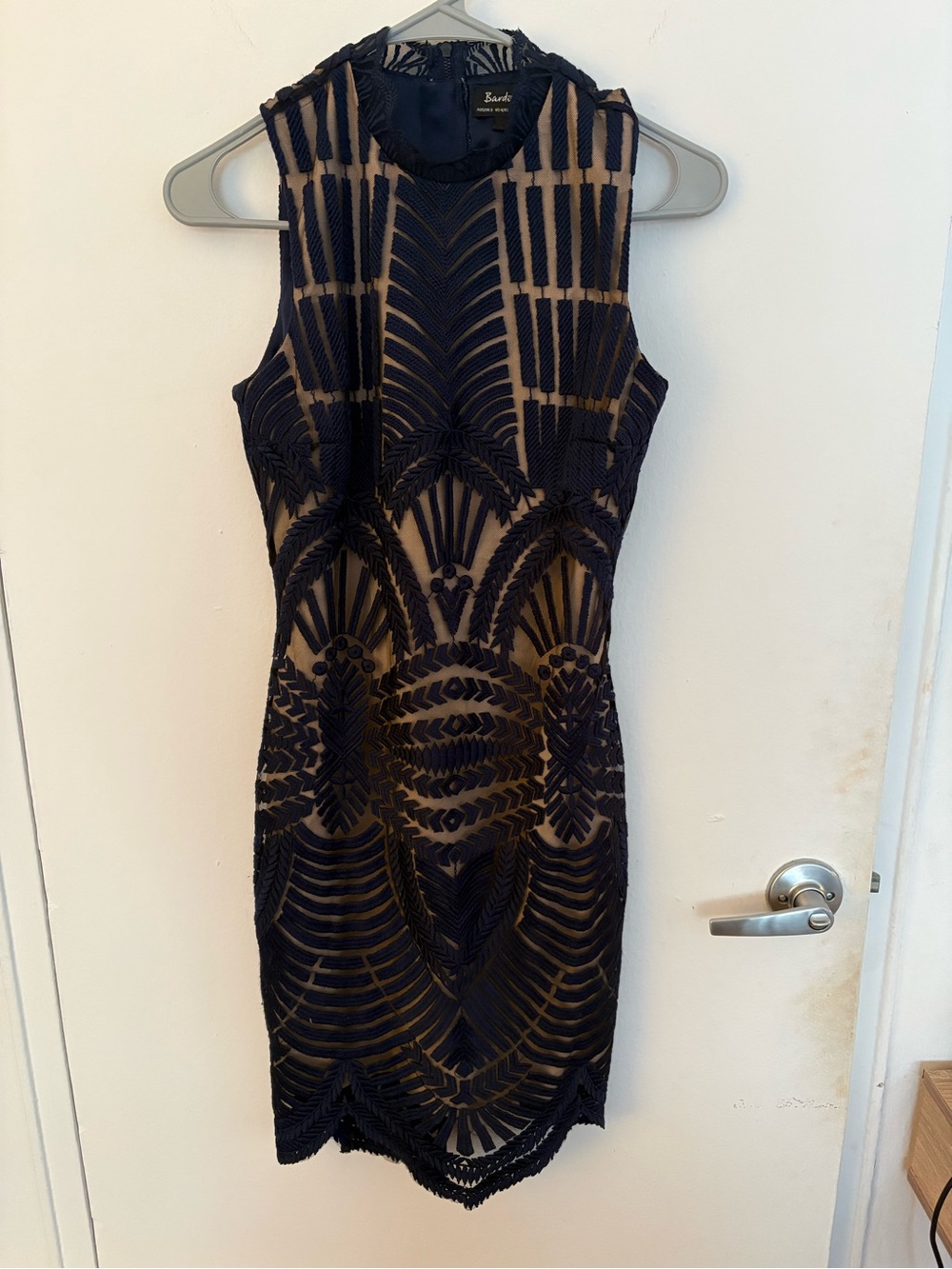 Bardot Navy Crochet Overlay Midi Dress with Nude Lining